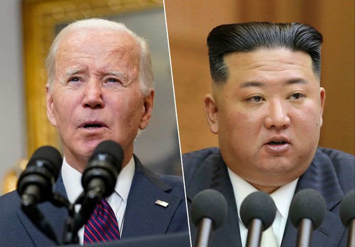 De Amerikaanse president Joe Biden en de Noord-Koreaanse leider Kim Jong-un.