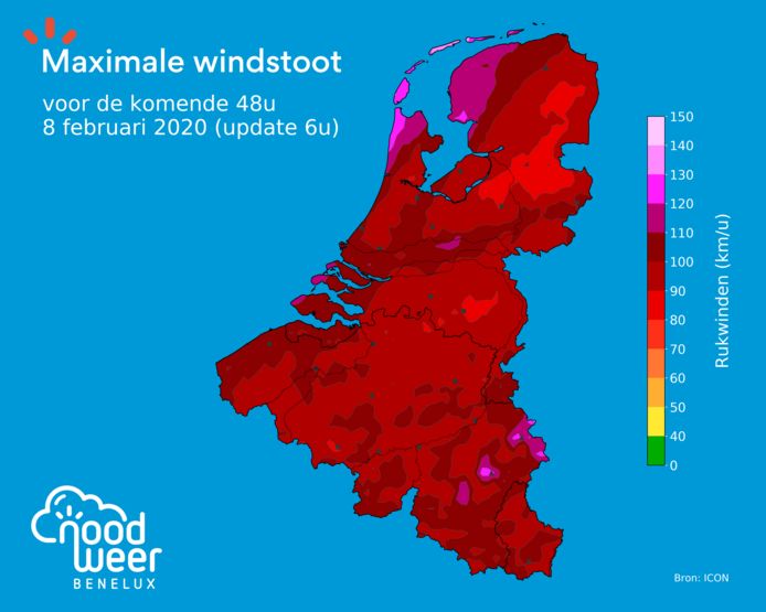 Vooral het noordwesten van Nederland moet opletten voor zeer forse windstoten. Ook elders in de Benelux kunnen de windstoten pieken tot 100, lokaal 110 kilometer per uur.