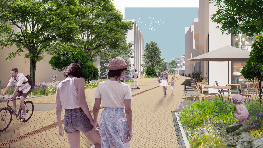 Een impressie van een deel van de heringerichte Willem-Alexanderstraat met links het Huis voor Cultuur en Bestuur.