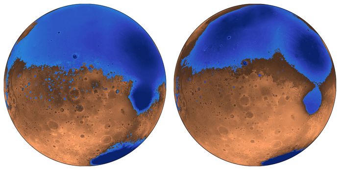 Links in het blauw de vroege oceaan Arabia, rechts de latere Deuteronilus. Die laatste had een kleinere kustlijn. Aan de onzichtbare kant van Mars ligt het vulkanische gebied Tharsis.