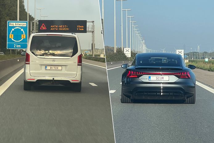 Een lezer spotte twee auto's met de nummerplaten 'BITCH' en 'SCUM' op de E34 van Knokke naar Antwerpen ter hoogte van Beveren.