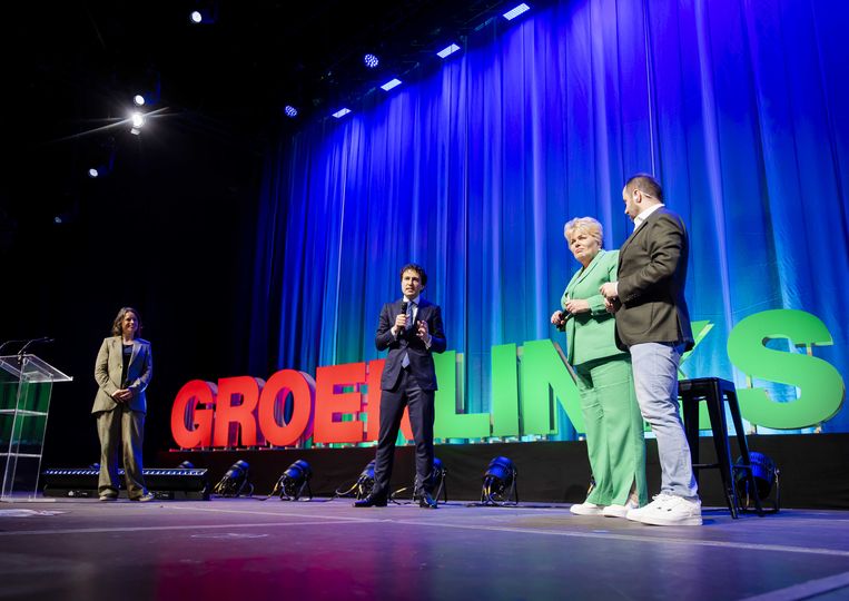 GroenLinks-leider Jesse Klaver tijdens het partijcongres van GroenLinks in de Brabanthallen. De PvdA congresseert in een zaal in hetzelfde complex. Beeld ANP/Sem van der Wal