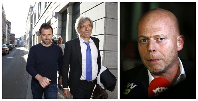 Advocaat Walter Van Steenbrugge met Club Brugge-trainer Ivan Leko (L) en advocaat Sven Mary (R).