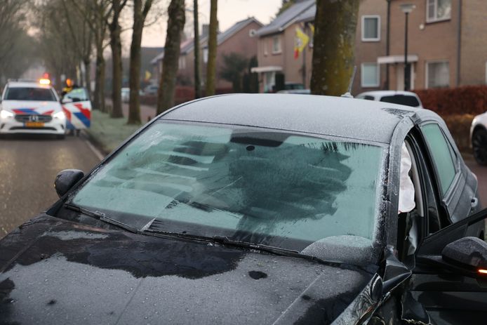 Bij een ongeval op de Schoolstraat in Waspik, botste een auto tegen een boom.