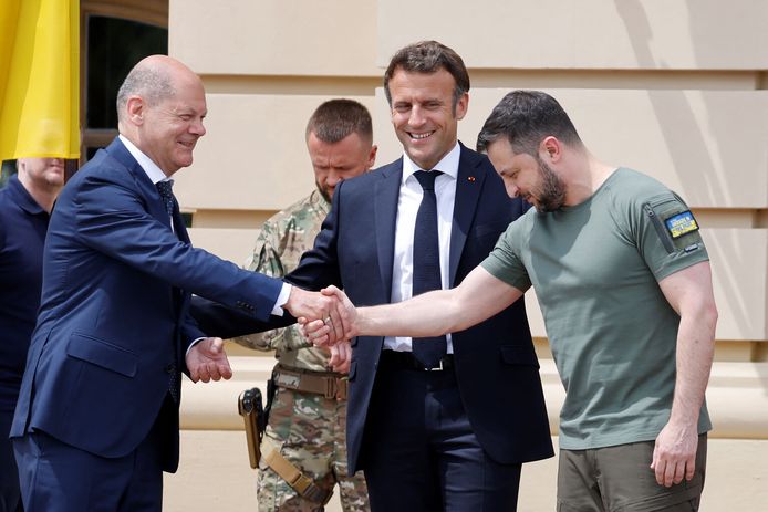 Olaf Scholz, Emmanuel Macron et Volodymyr Zelensky à Kiev, le 16 juin 2022.