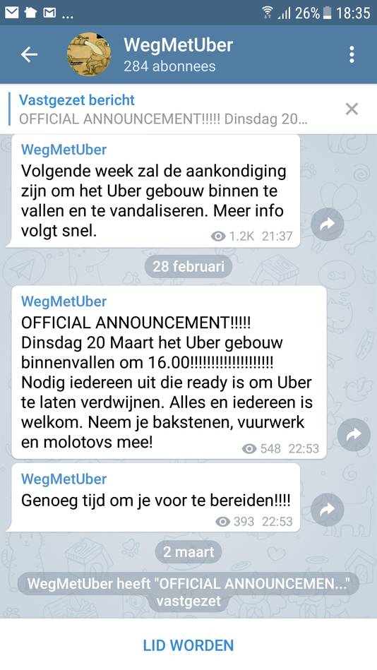 In de Telegramgroep WegmetUber werd een bericht geplaatst om Uber binnen te vallen