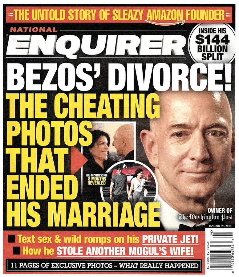 De voorpagina van The National Enquirer van 28 januari waarin Bezos aan de schandpaal wordt genageld.