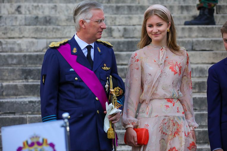 2020: Koning Filip en prinses Elisabeth wonen samen met de rest van de familie het Te Deum bij op de Nationale Feestdag van België in de Sint-Michiels en Sint-Goedelekathedraal in Brussel. Beeld Getty Images