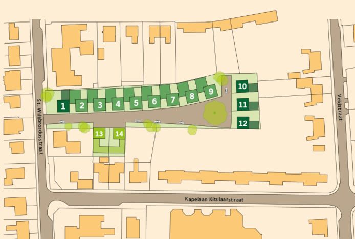 Het kavelplan van Plan Privilege, met links de Sint Willibrordusstraat en onder de Kapelaan Kitslaarstraat.