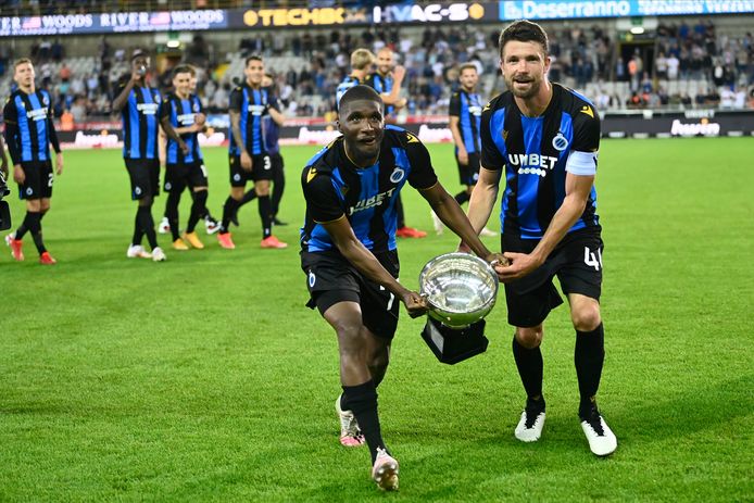 BRUGGE, BELGIUM - JULY 17 : Clinton Mata defender of Club Brugge and Brandon Mechele defender of Club Brugge celebrating winning the Supercup during the Pro League Supercup match between Club Brugge and KRC Genk at the Jan Breydel stadium on July 17, 2021 in Brugge, Belgium, 17/07/2021 ( Photo by Nico Vereecken / Photo News

(Pro League Supercup, is a Belgian club competition played as a single match at the beginning of the saison between the Belgian First Division champions and the Belgian Cup winners)