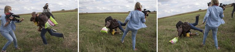 Stills uit de video waarin Petra László de vluchteling en zijn kind laat struikelen. Beeld reuters