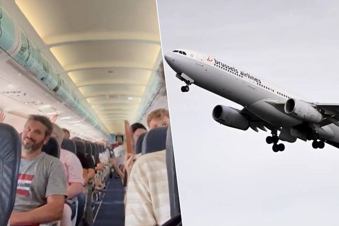 Een beeld uit het vliegtuig van Brussels Airlines, waar enkele reizigers zichzelf koelte toewapperden.