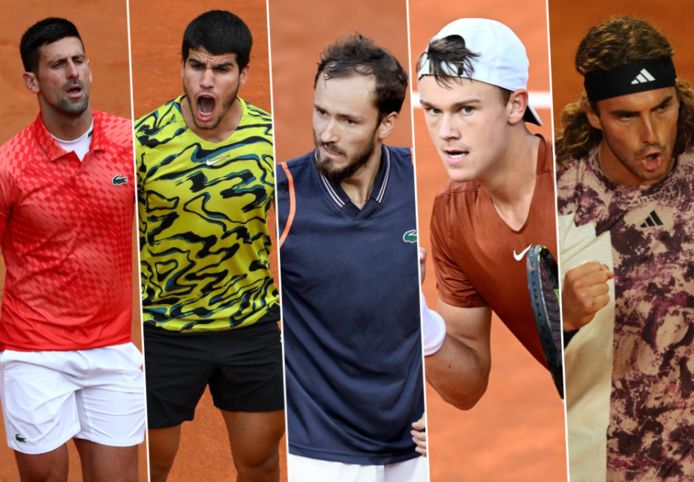 Novak Djokovic, Carlos Alcaraz, Daniil Medvedev, Holger Rune et Stefanos Tsitsipas.