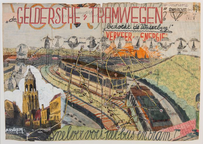 Werk ‘Geldersche Tramwegen’ van Willem van Genk, uit de collectie van Stichting het Dolhuys, met links onder de Arnhemse Eusebiuskerk.
