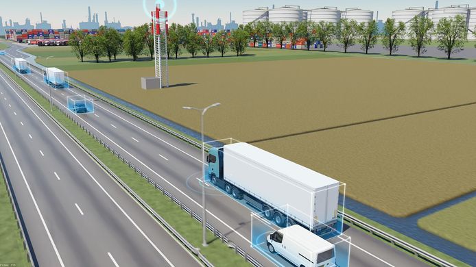 Impressie van of afstand bedienbare vrachtwagens in het havengebied.