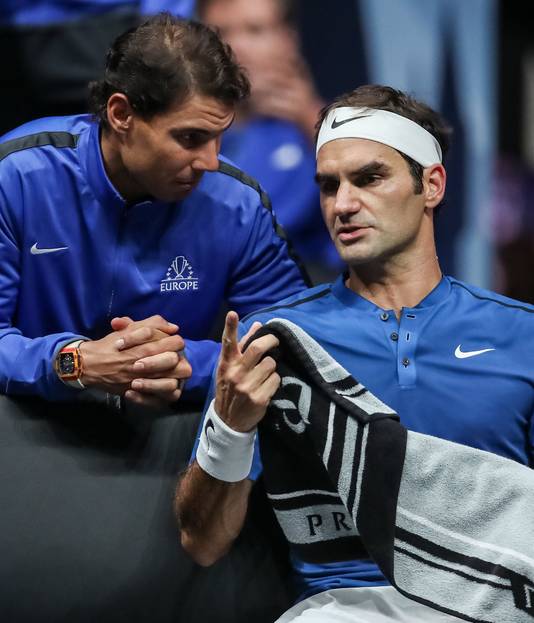 Rivalen Rafael Nadal en Roger Federer waren dit weekend teamgenoten