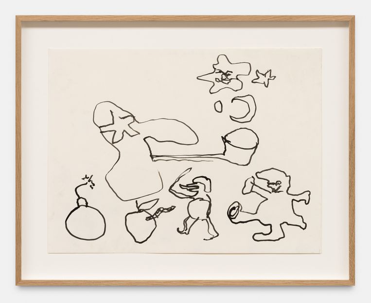 'Untitled', 2022. Bradley combineert in zijn tekeningen de spontaniteit van de kinderhand met cartooneske woordgrappen.  Beeld HV-studio / Courtesy the Artist and Xavier Hufkens, Brussels