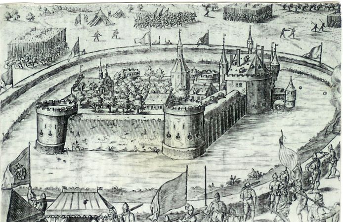 Het kasteel van Wouw werd in 1583 belegerd. De gracht werd in 1621 gedempt. Bron:  West-Brabants Archief.
