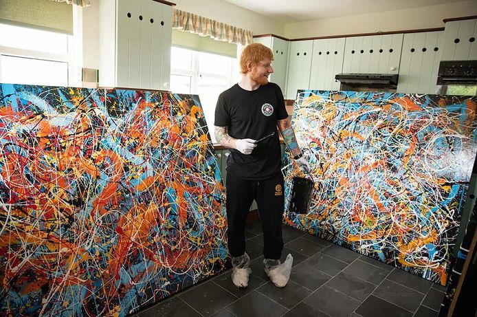 Ed Sheeran tussen enkele van zijn kunstwerken