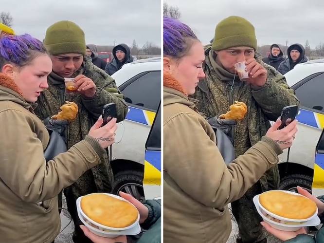 Oekraïners geven thee en eten aan Russische soldaat. Wanneer hij zijn moeder aan de lijn krijgt, breekt hij