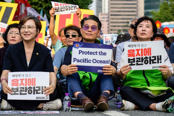 Een demonstratie in de Zuid-Koreaanse hoofdstad Seoel tegen de lozing van het radioactieve afvalwater.