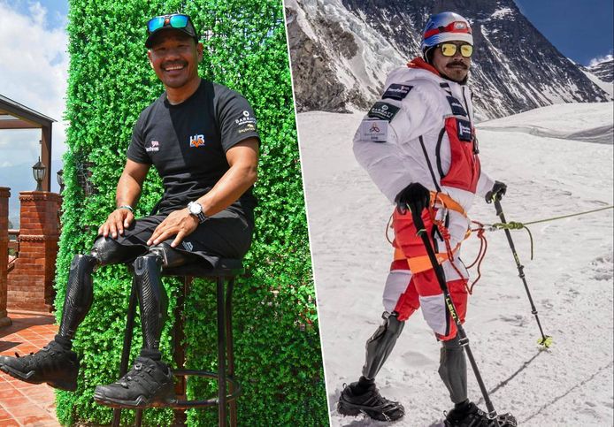 Veteraan Hari Budha Magar (19) is de eerste persoon met geamputeerde benen die de top van de Mount Everest heeft bereikt.