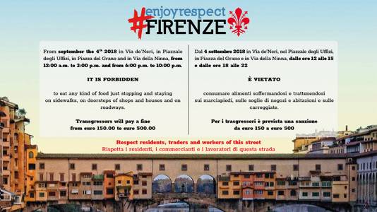 Winkeliers in Firenze hangen deze poster op om snackende toeristen tegen te gaan.