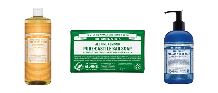 Vanaf links: Pure-Castile vloeibare zeep € 12,95, Pure Castile zeepblok €6,95 en Biologische suikerzeep € 13,95. Beeld Dr. Bonners’s