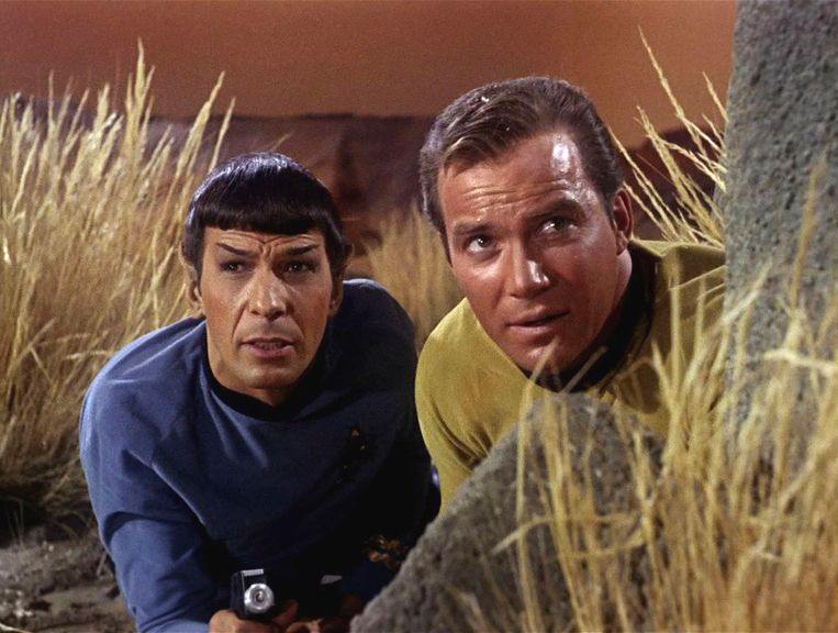 Leonard Nimoy als Mr. Spock en William Shatner als Kapitein Kirk in Star Trek Beeld Getty Images