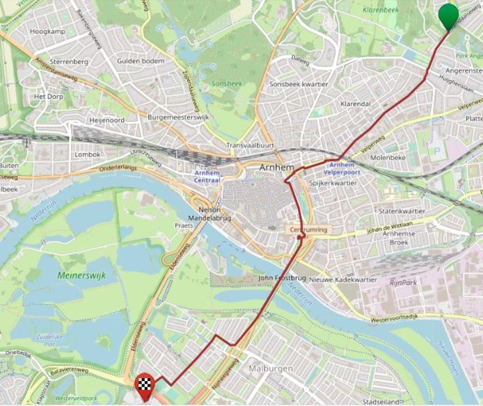 De route van de wandeltocht van de Vitesse-supporters komende zaterdag.