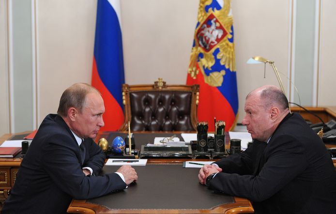 Vladimir Potanin tijdens een meeting met de Russische president Poetin in 2014.