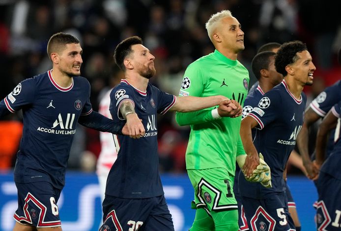 Marco Verratti, Lionel Messi, Keylor Navas en Marquinhos.