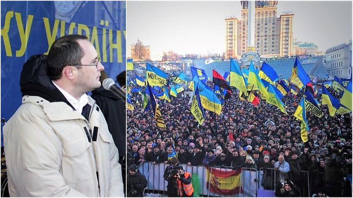 Links een archiefbeeld van Van Quickenborne op het podium op Maidan, rechts de duizenden aanwezigen op het plein in Kiev eind 2013.