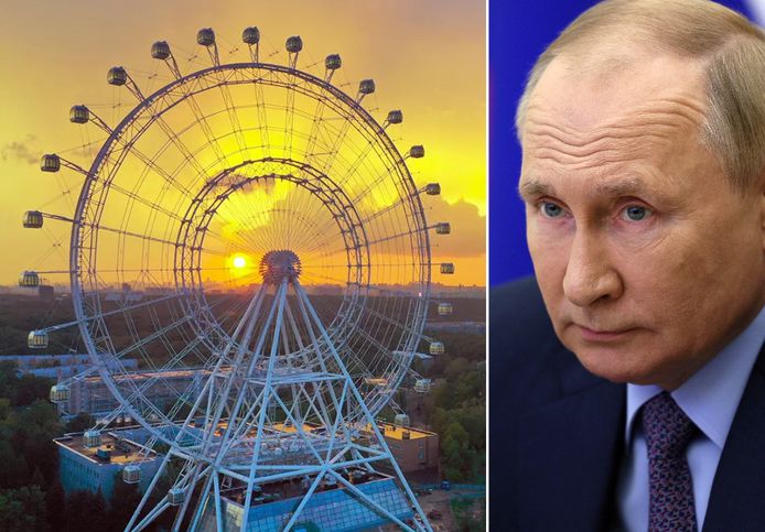 Vladimir Poetin en het reuzenrad dat hij dit weekend heeft ingehuldigd voor de 875ste verjaardag van Moskou