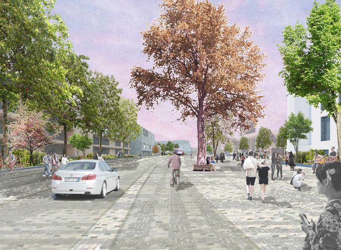 Een impressie van het Stadsforum, kijkend vanaf de Kattenrug richting het Willemsplein. Rechts is het Paleis-Raadhuis herkenbaar.