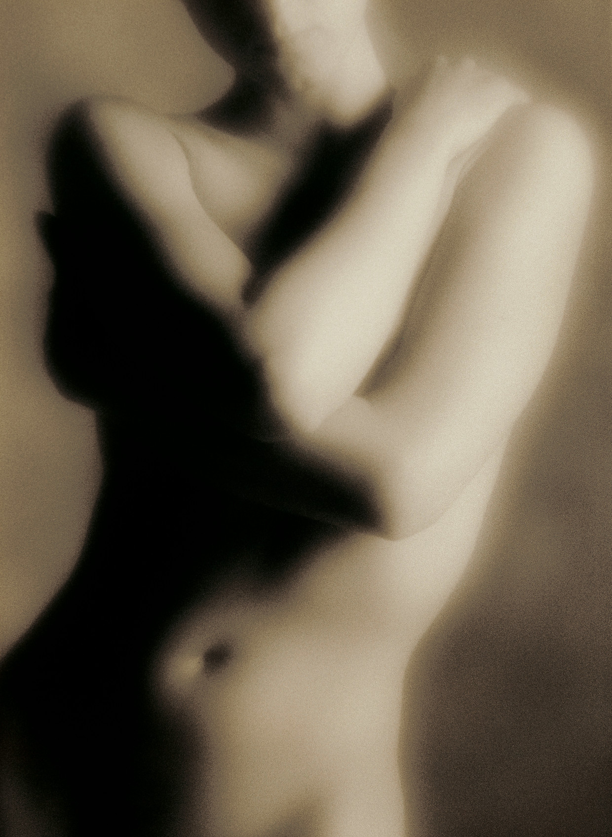 naakt ; sensualiteit ; buik ; navelbuik ; sepia ; armen ; handen