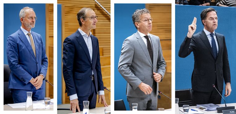 Henk Kamp, Eric Wiebes, Jeroen Dijsselbloem en Mark Rutte tijdens de verhoren van de enquêtecommissie. Beeld ANP / bewerking Trouw