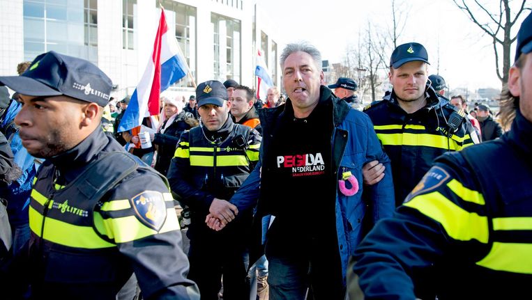 Pegida-voorman die in 2016 werd aangehouden bij een demonstratie in Amsterdam. Beeld ANP
