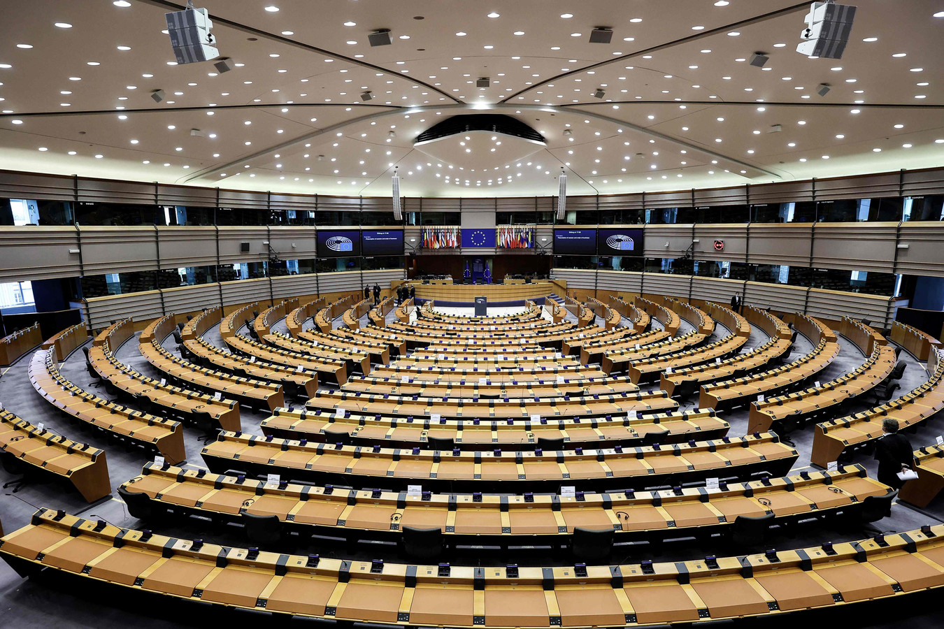 This photograph taken on April 26, 2021 shows a general view of the room of the European Parliament, in Brussels, before a plenary session. (Photo by Kenzo TRIBOUILLARD / AFP)
