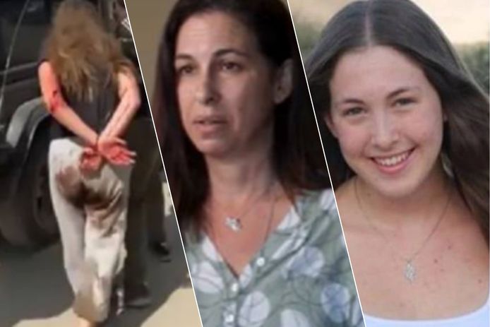 L: Naama Levy werd met bebloede broek en vastgebonden handen in een auto geduwd. C: moeder Ayelet Levy Sachar. R: Naama Levy in zorgeloze omstandigheden.