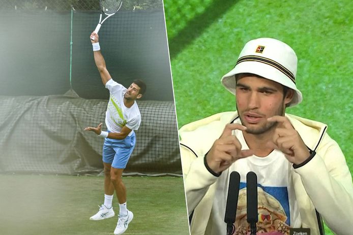 Links: Djokovic op training.
Rechts: Alcaraz over het voorval.