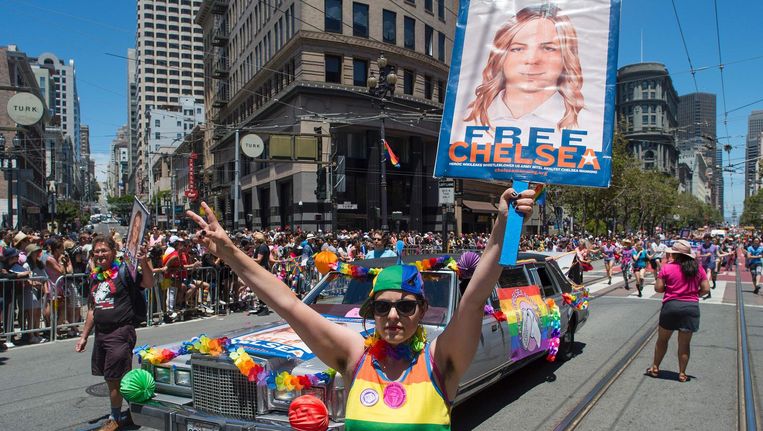 Een demonstratie voor de vrijlating van Chelsea Manning, juni 2016 in San Francisco. Beeld afp