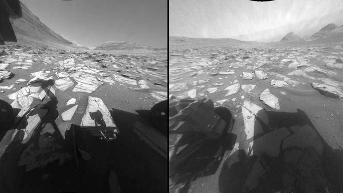 Links: het vooraanzicht van de Marsrover. Rechts: de camera op de achterkant.
