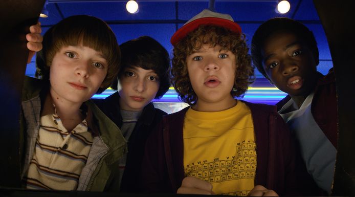 Noah Schnapp, Finn Wolfhard, Gaten Matarazzo and Caleb Mclaughlin in Season 1 of Stranger Things.