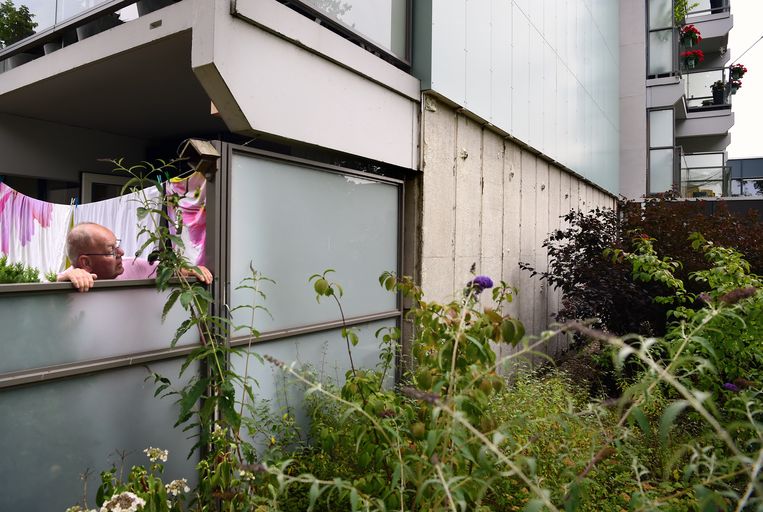 Bij het Nijmeegse woonzorgcomplex De Meiberg is de gevelbekleding gedeeltelijk weg gehaald na de brand in Londen van de Grenfell-toren. Beeld Marcel van den Bergh / de Volkskrant