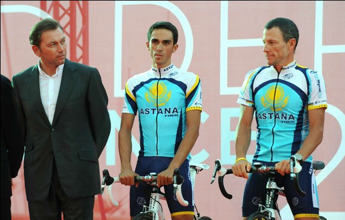Ploegleider Johan Bruyneel, Alberto Contador en Lance Armstrong.