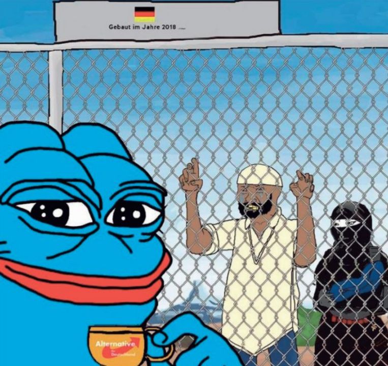 Moslims achter een nieuw hek of voormalig AfD-leidster Frauke Petry als Pepe the Frog. Met memes wil de AfD-aanhang stemmen winnen. Beeld rv