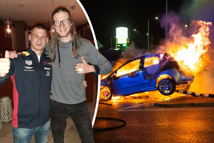 Dirkjan Fijn (links) met zijn redder Rigo, die de Elburger afgelopen weekend uit zijn brandende auto sleepte bij 't Harde.