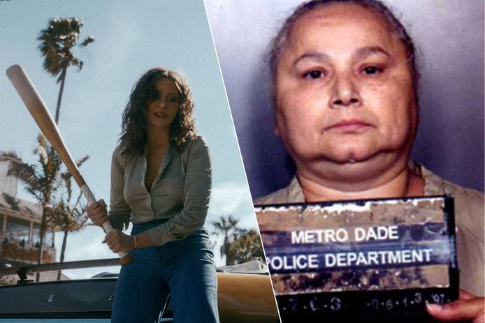 Links: Sofia Vergara als 'Griselda' in de nieuwe Netflix-serie. Rechts: de echte Griselda Blanco op een mug shot.