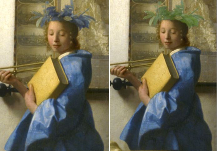 Sommige groene verf (rechts) die Johannes Vermeer in zijn meesterwerk ‘De Schilderkunst’ gebruikte, verkleurde in de loop der eeuwen naar blauw (§links).